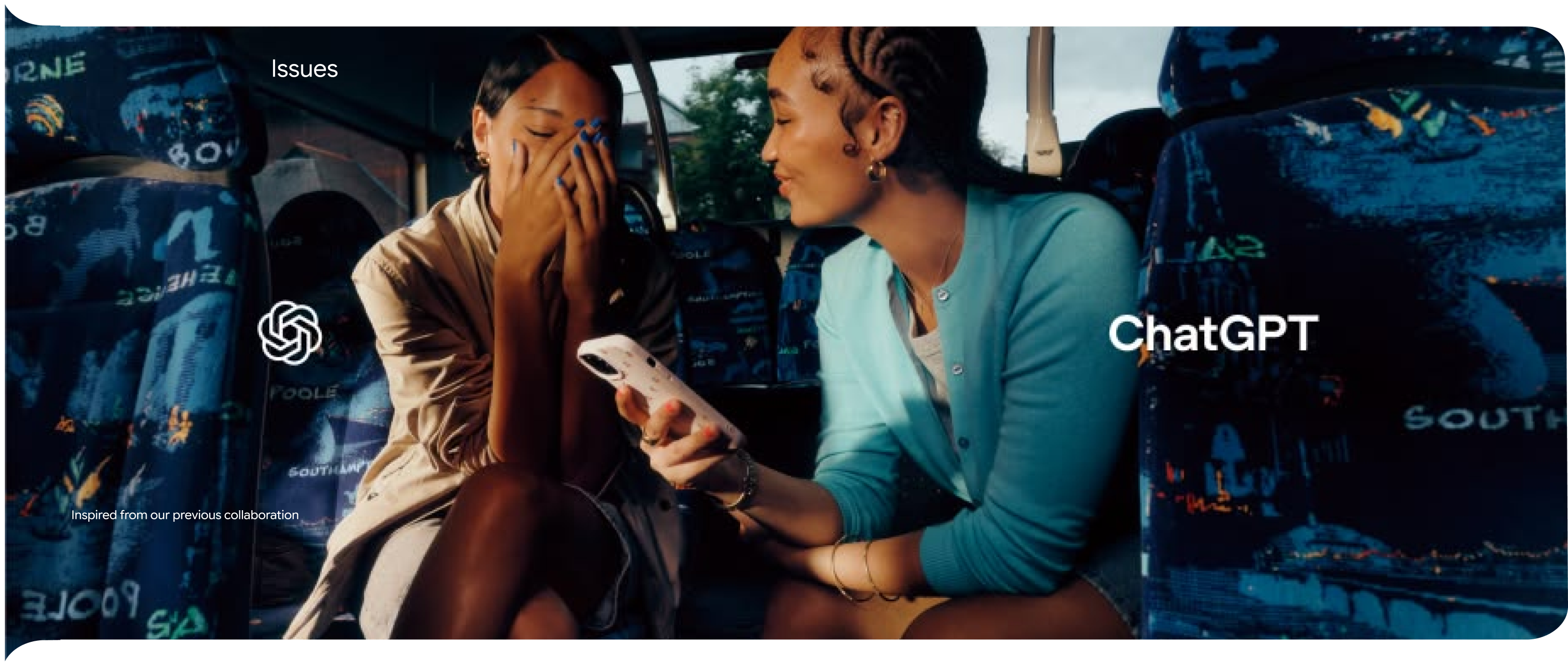 Collaboration scene — two people reviewing a phone on a bus